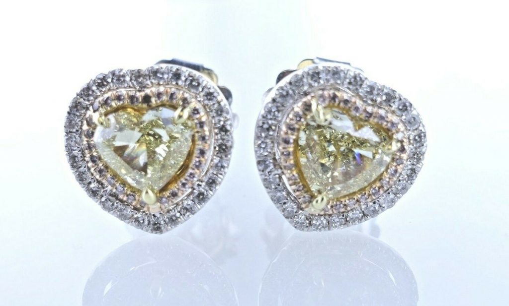 2.60ctw Diamonds Earrings Heart Shape Fancy Yellow (Watch Video) GIA